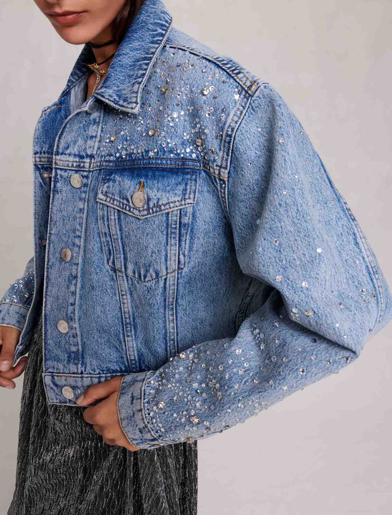 Maje Crystal-Embellished Denim Jacket in Blue Cotton ref.960310