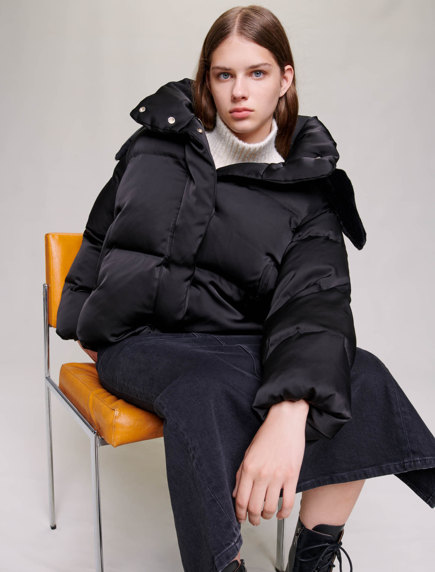 Short satiny quilted puffer jacket Black Gray For Women Maje