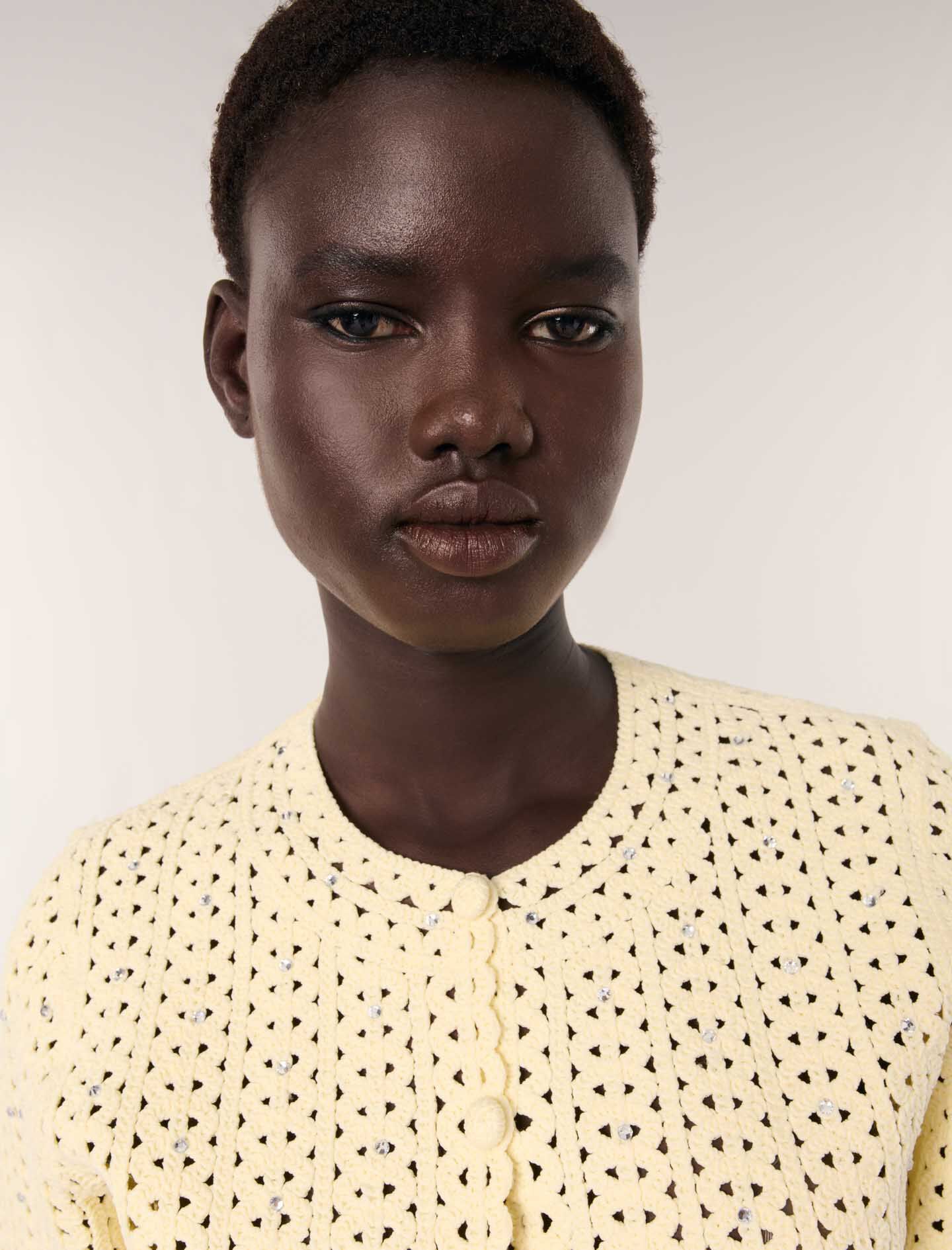 Cropped rhinestone crochet cardigan Yellow / Orange For Women | Maje