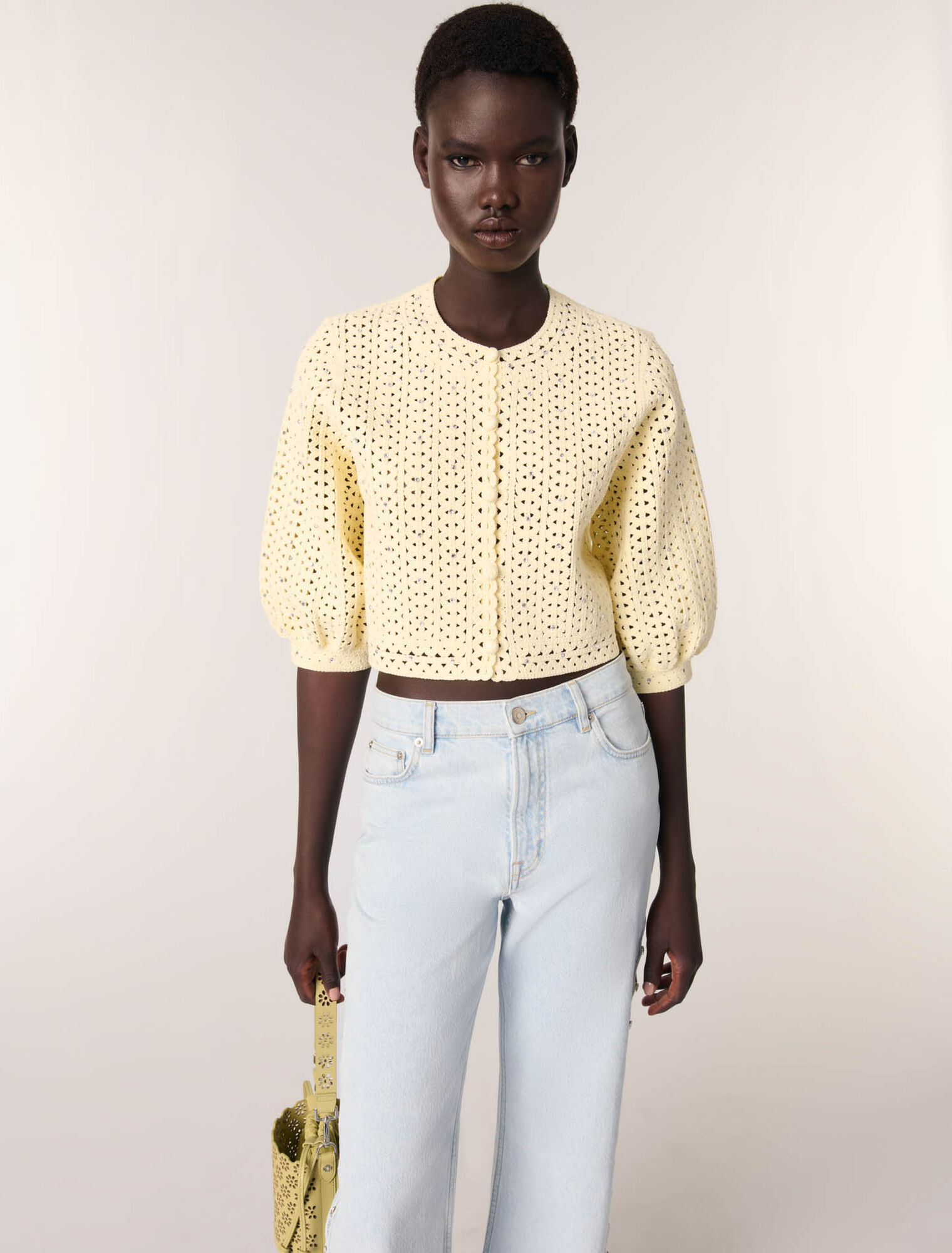 Cardigan court en crochet strassé