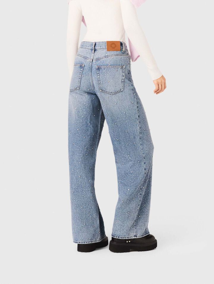 Wide-leg all-over rhinestone jeans