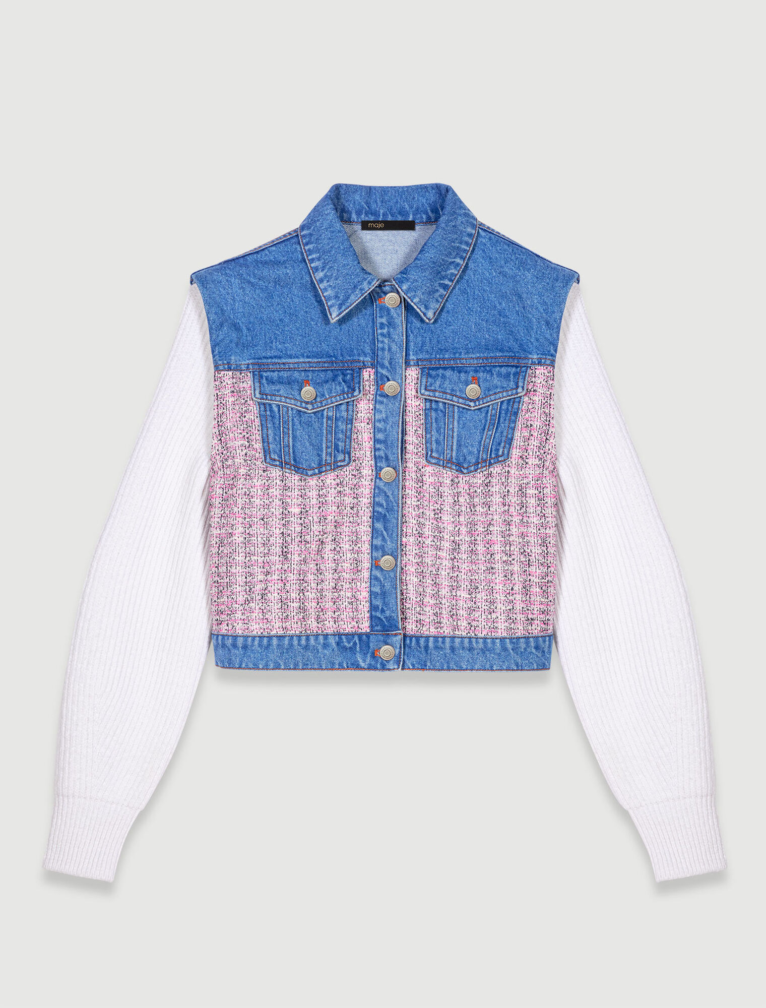 Blouson court en denim et tweed