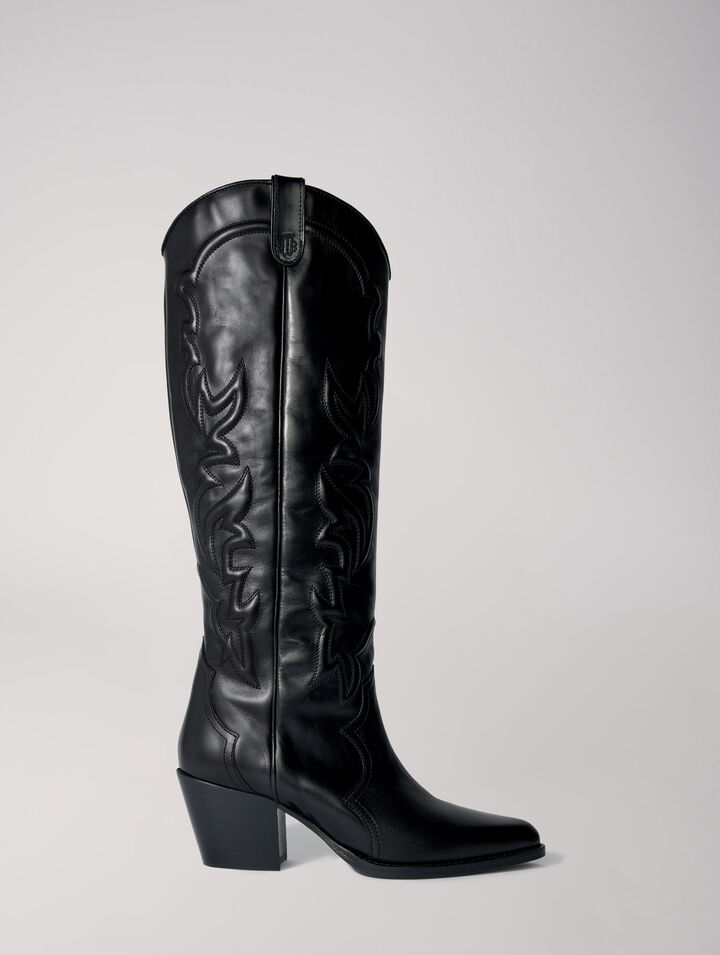 Bottes santiags en cuir lisse brodé