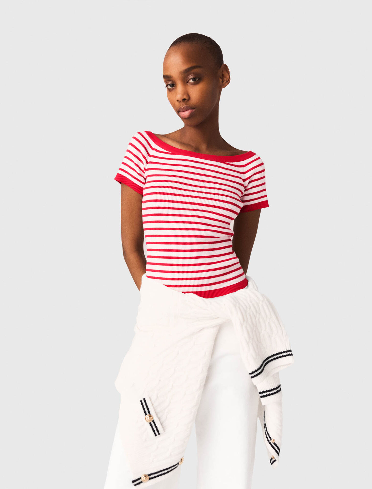 Striped knit top with boat neck