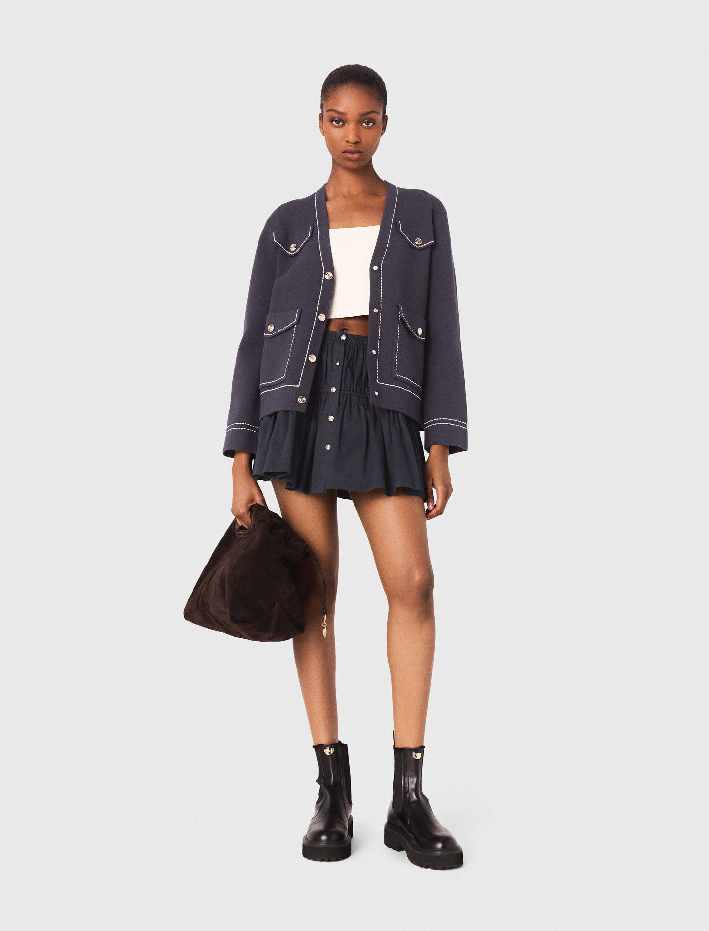 Long topstitched knit cardigan Blue For Women | Maje