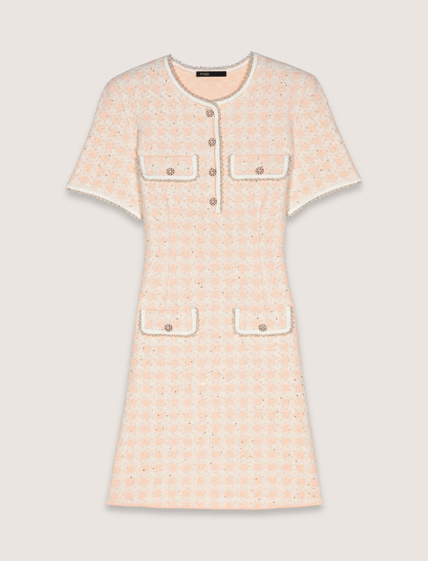 Robe courte en maille effet tweed rose pour femme | Maje
