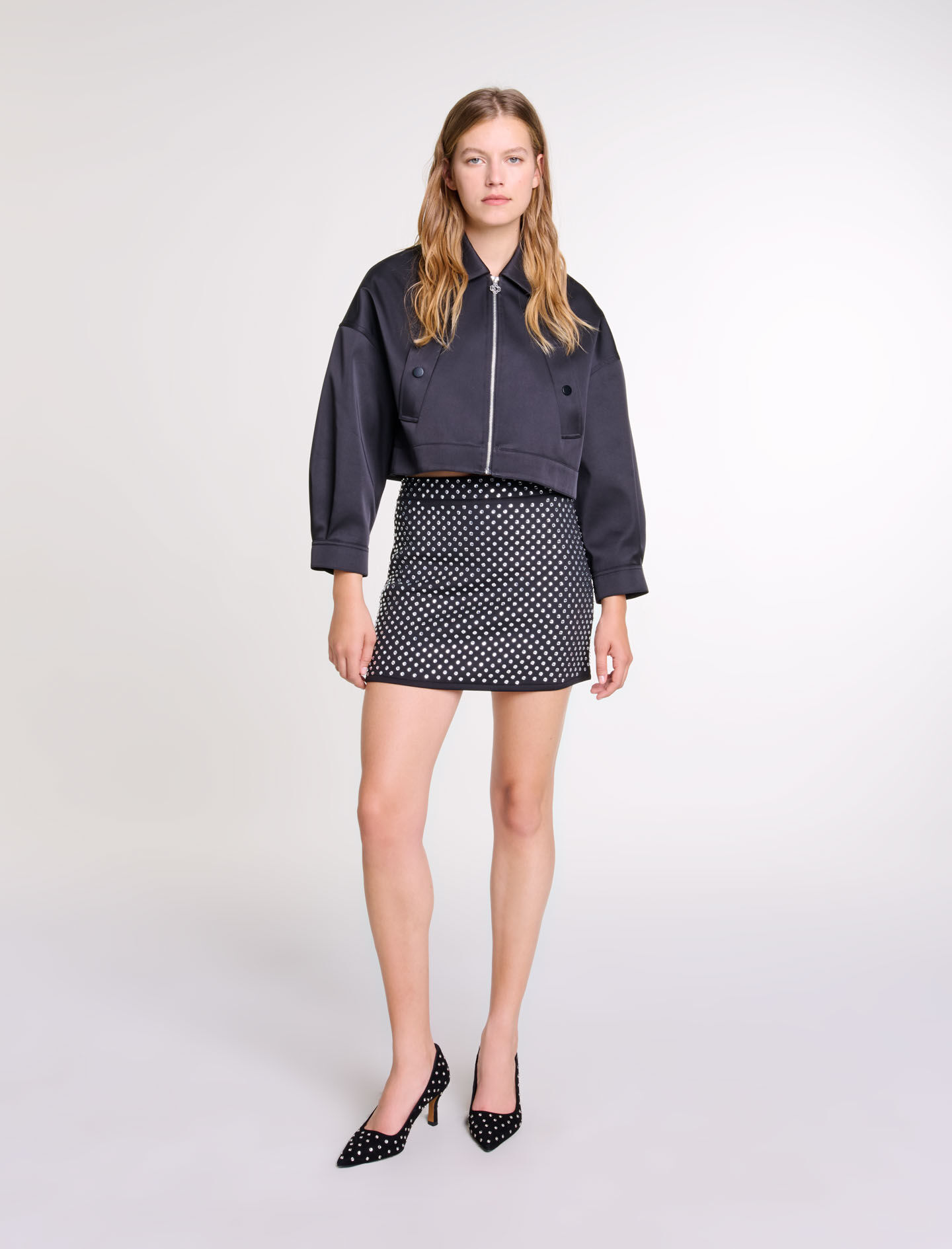 Jupe courte a strass gris noir pour femme Maje