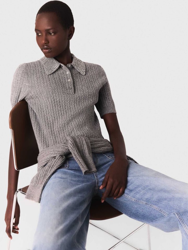 Polo en laine avec col strassé