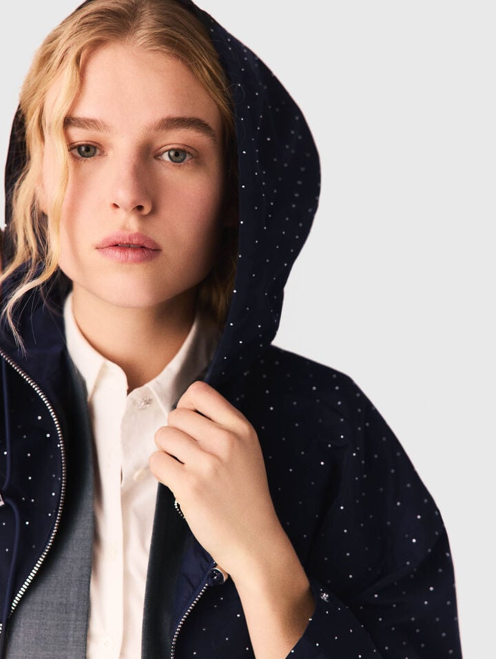 Hooded windbreaker with rhinestones