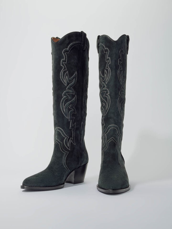 Bottes santiags en cuir suédé