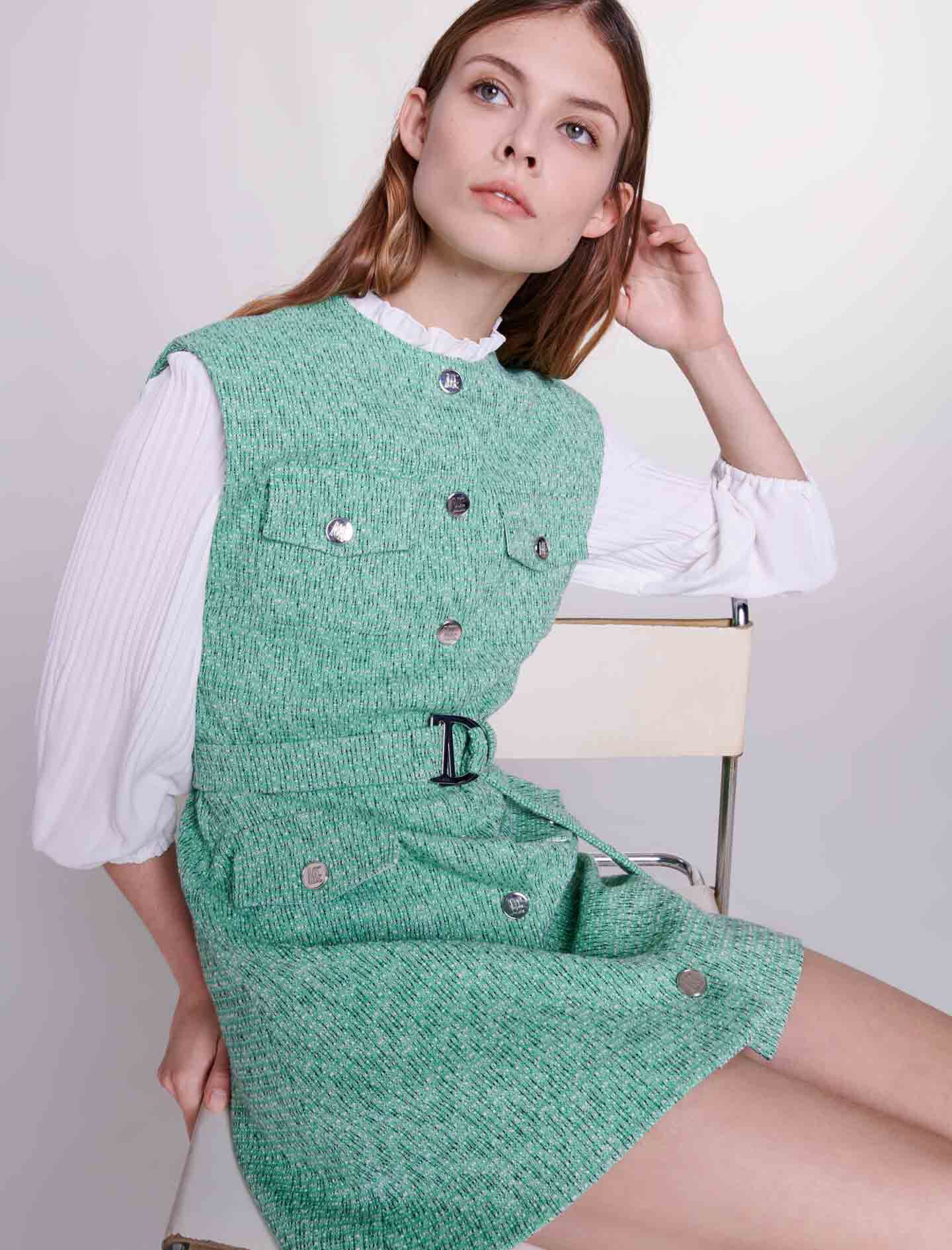 Tweed dress with ethnic trim Pink For Women | Maje