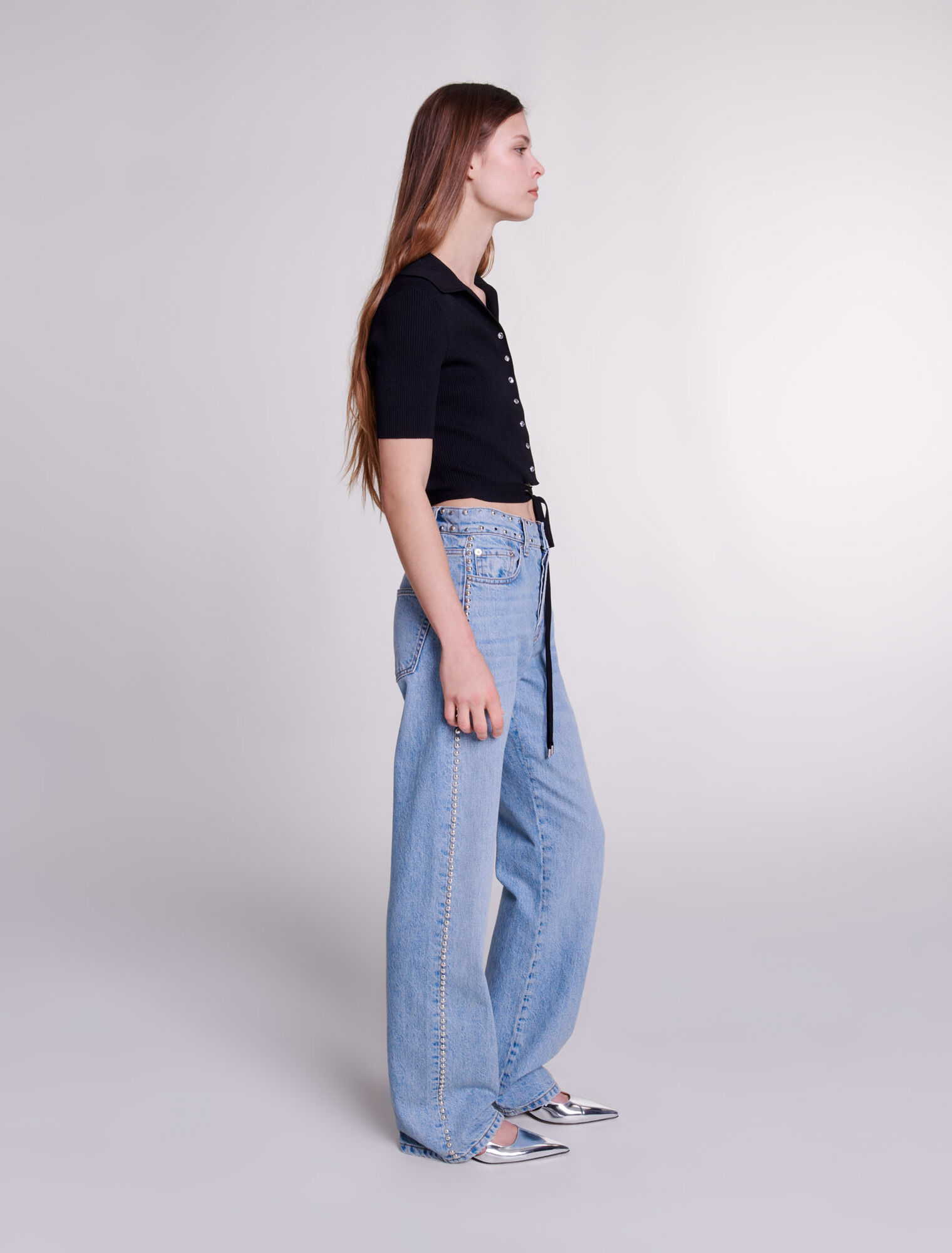 Wide-leg studded jeans