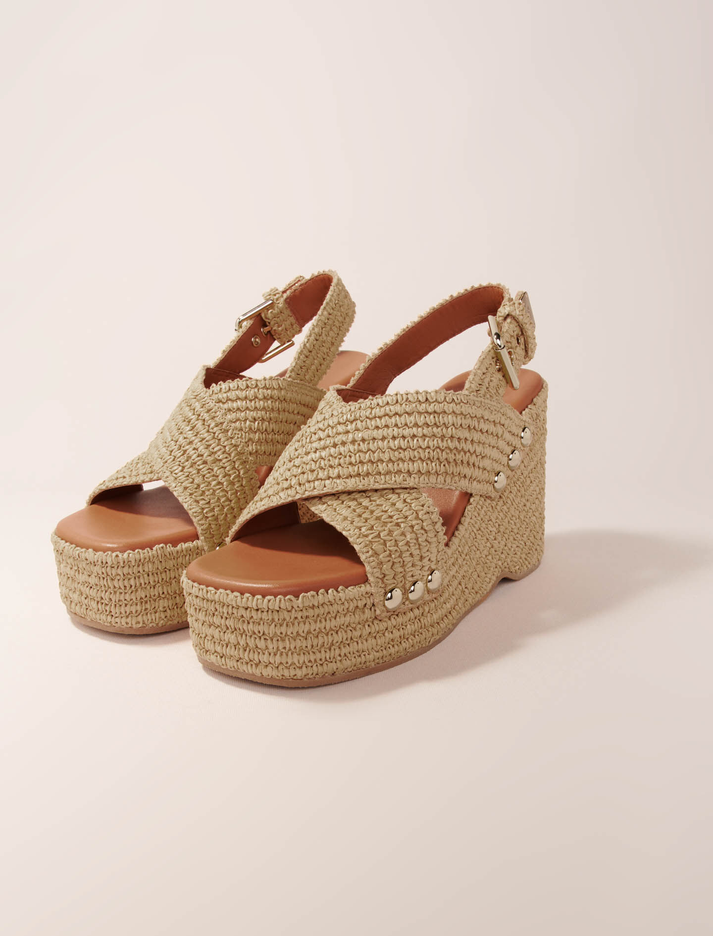 MAJE [マージ] Raffia Cross Wedge Sandals Wedge sandals with raffia effect Brown For Women | Maje