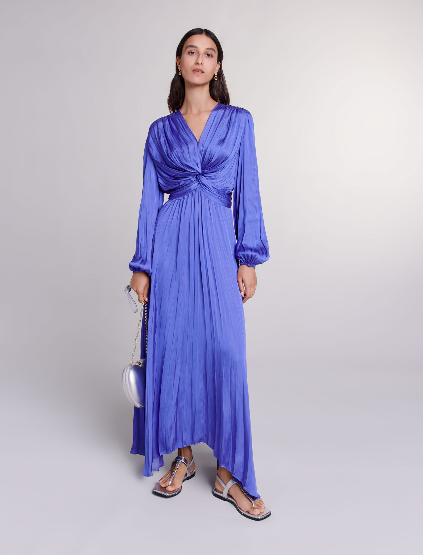 Robe longue satinee drapee violet pour femme Maje