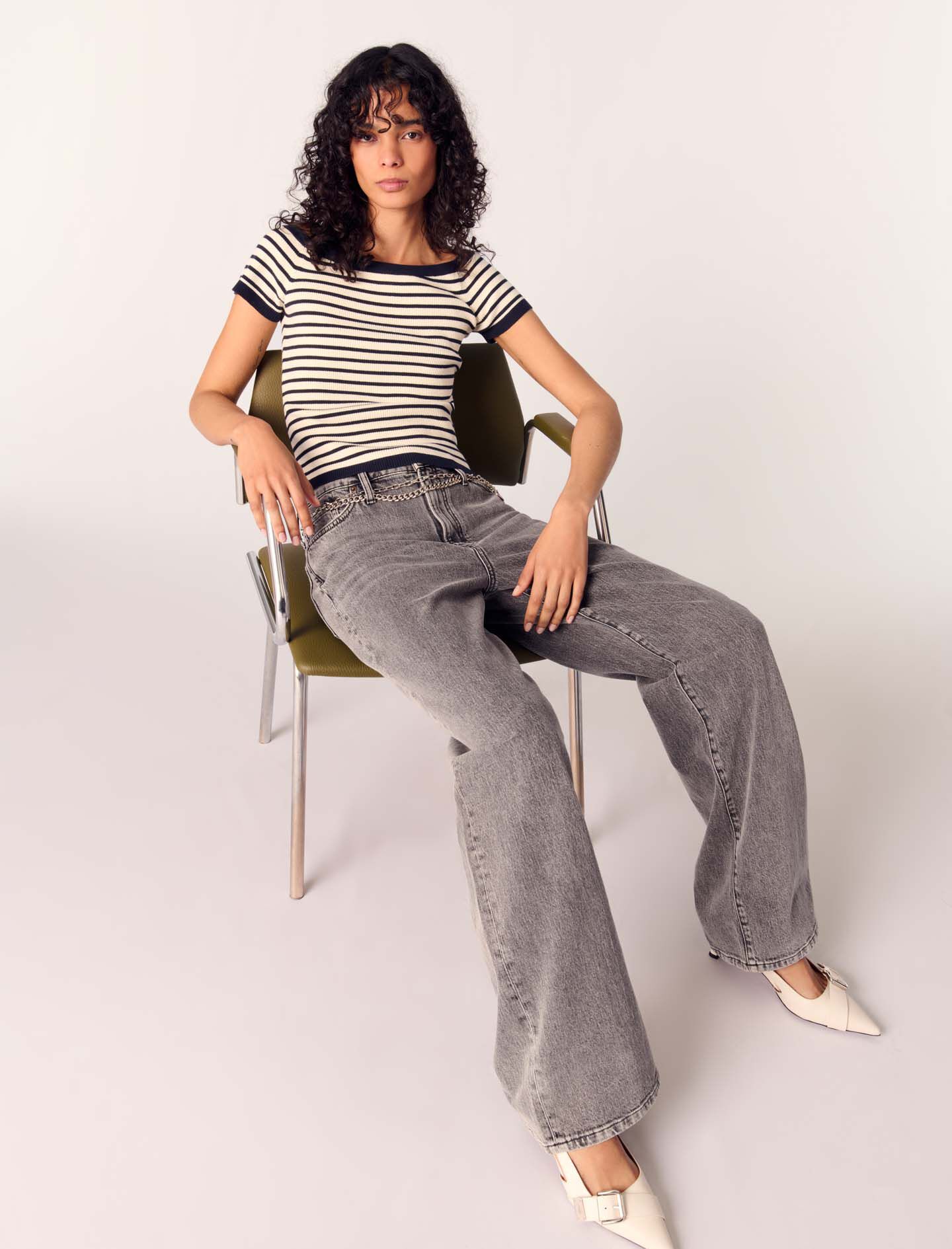 【PORTERNA】Beldi Chain Wide Jeans Wide-leg jeans with chain-link belt Black / Gray For Women