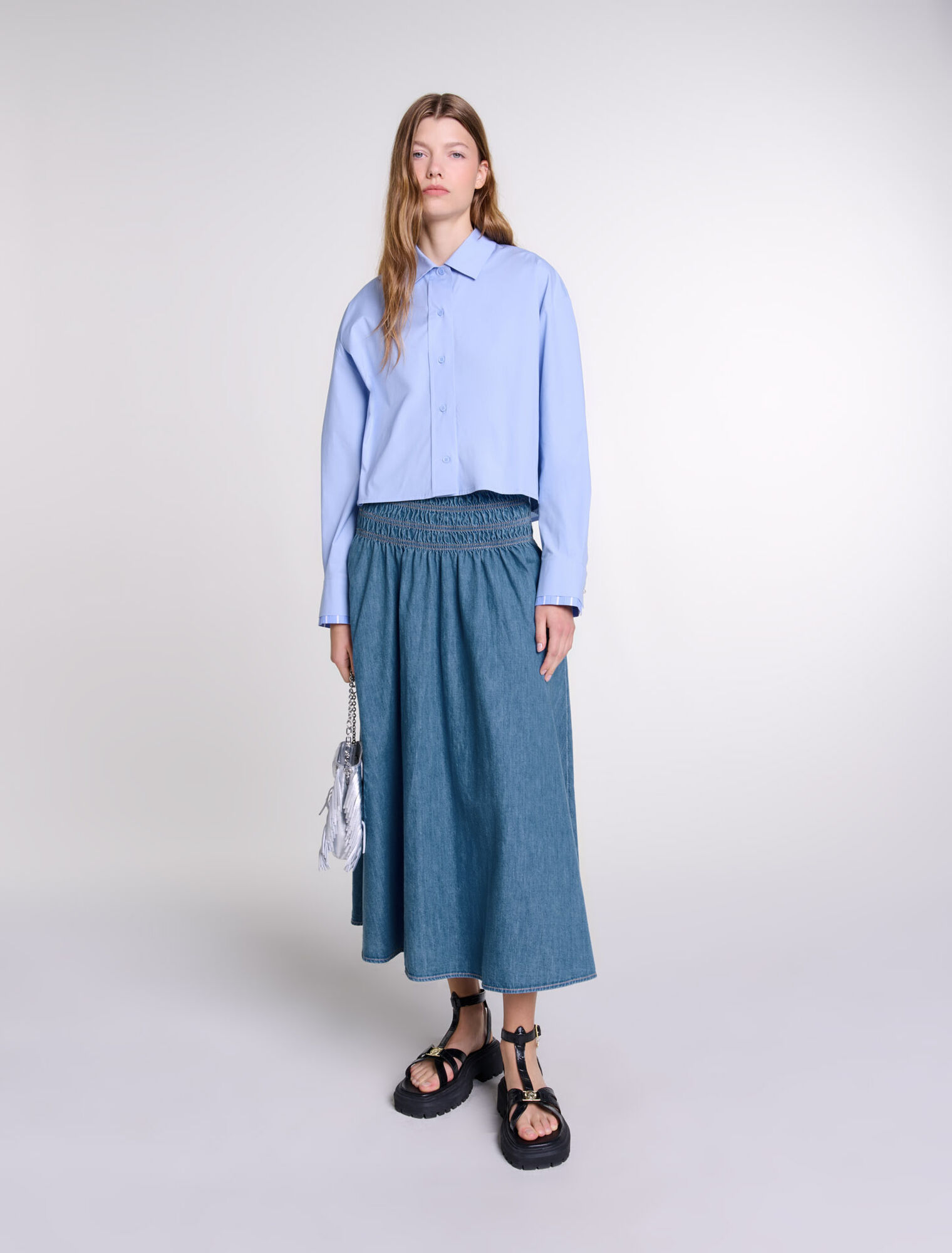 Smocked denim skirt