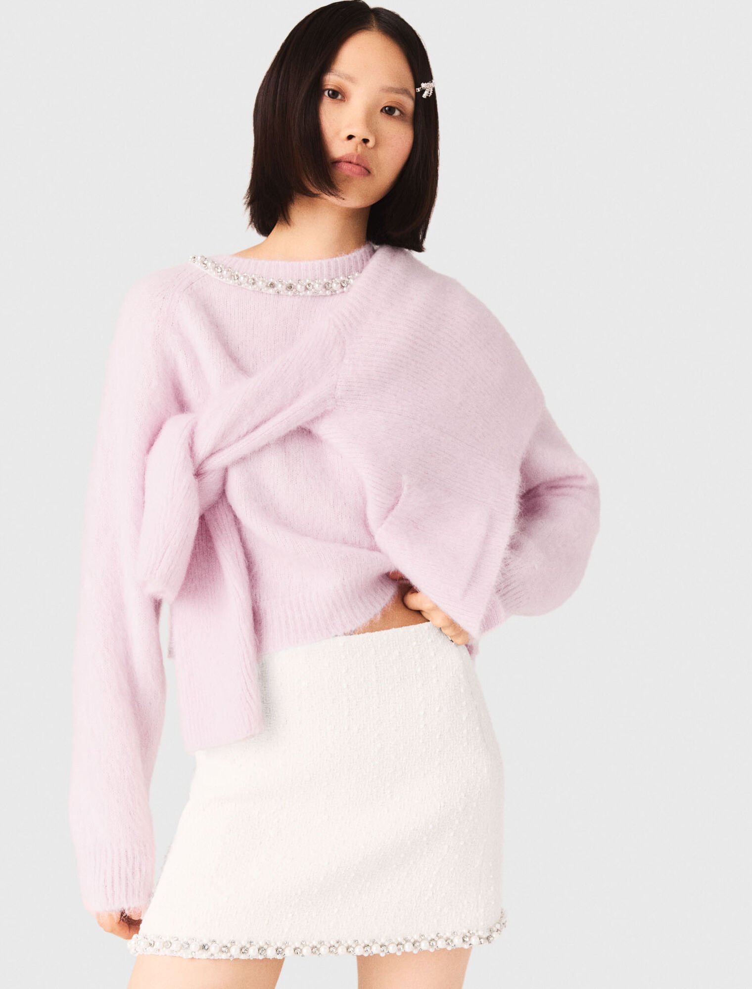 Pearl-trim tweed skirt