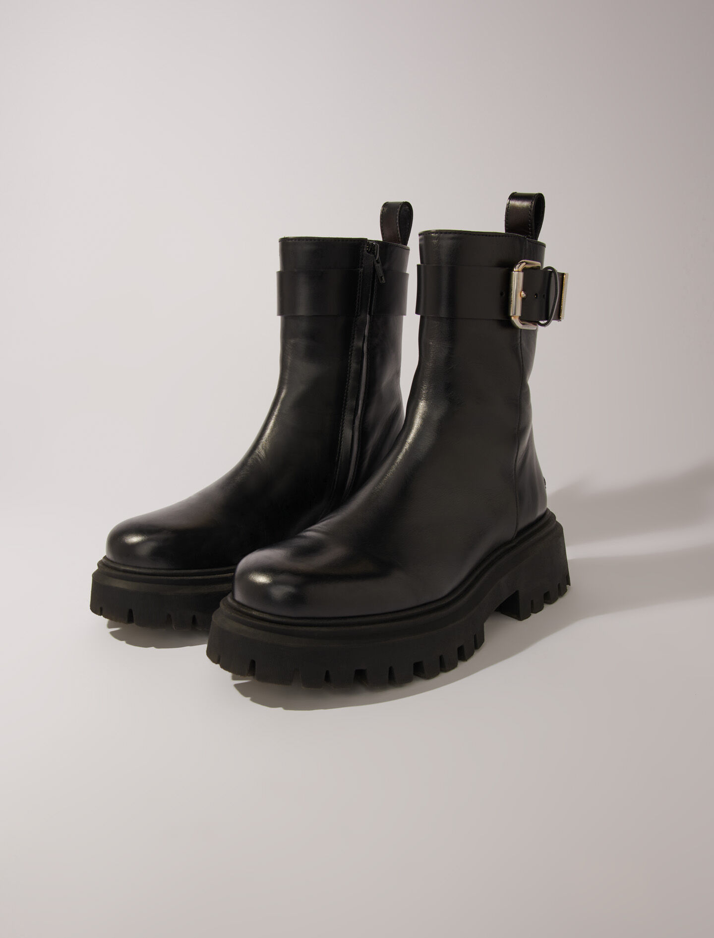 Leather ankle boots with buckles Black Gray For Women Maje
