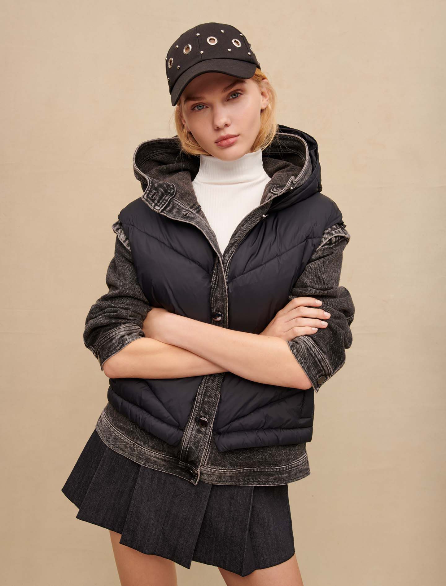 Black bi material jacket Black Gray For Women Maje