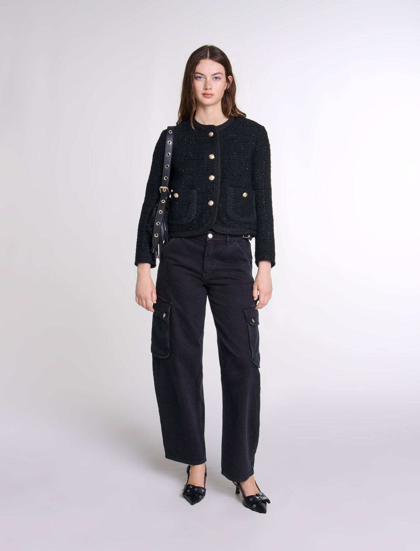 Veste courte en tweed gris noir pour femme Maje