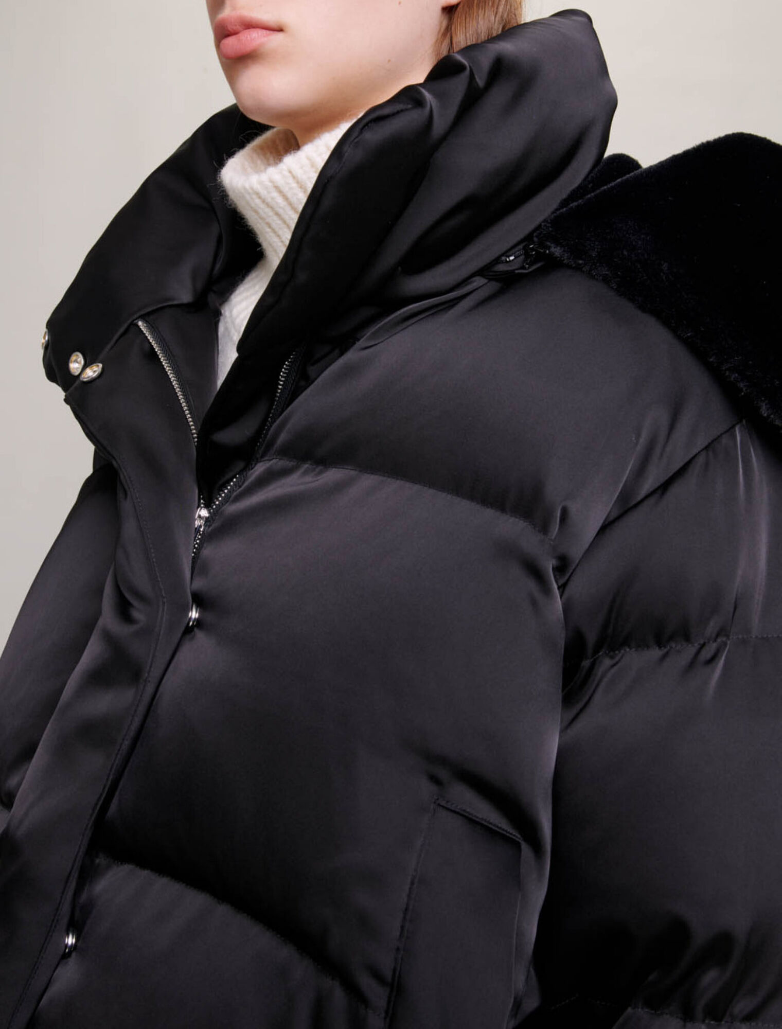 Short satiny quilted puffer jacket