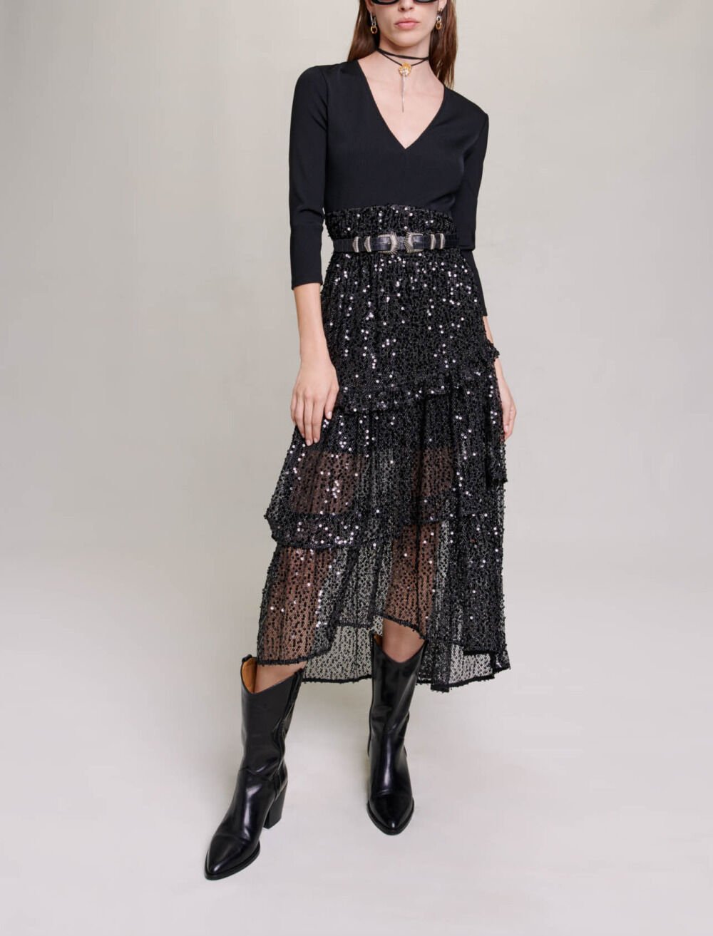 Sequin and mesh maxi dress Black / Gray For Women | Maje