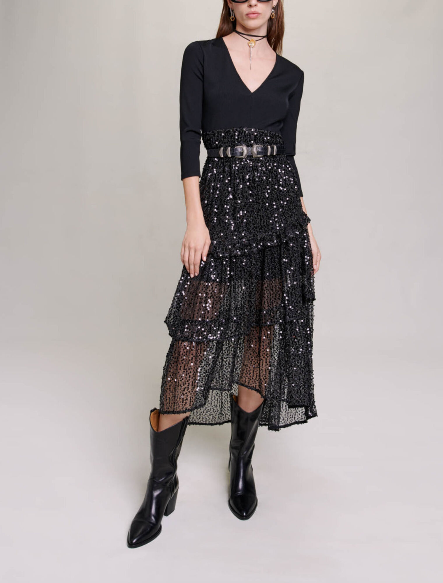 Sequin and mesh maxi dress