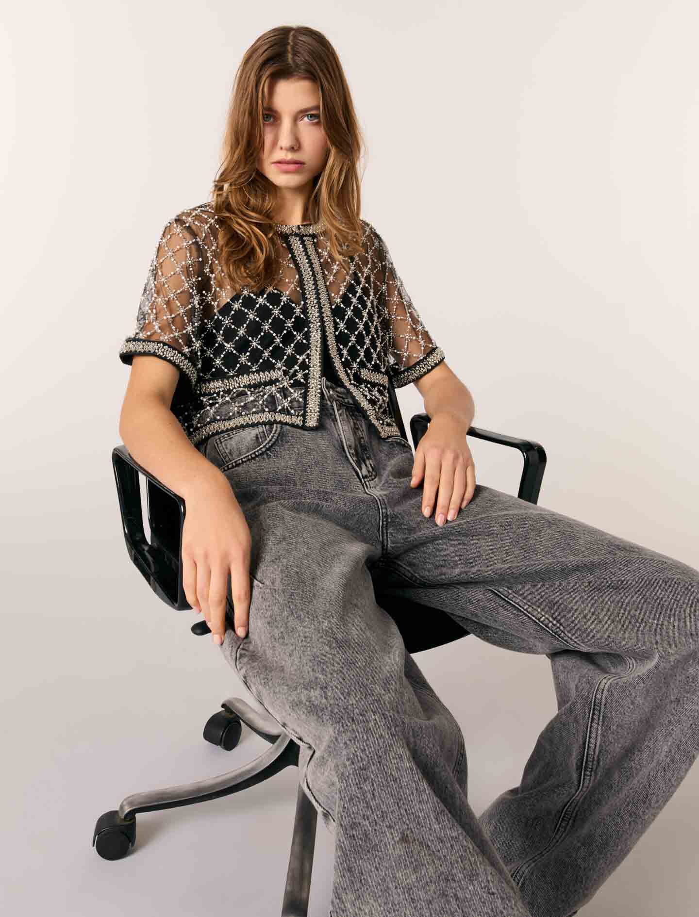 Embroidered tulle top Black / Gray For Women | Maje