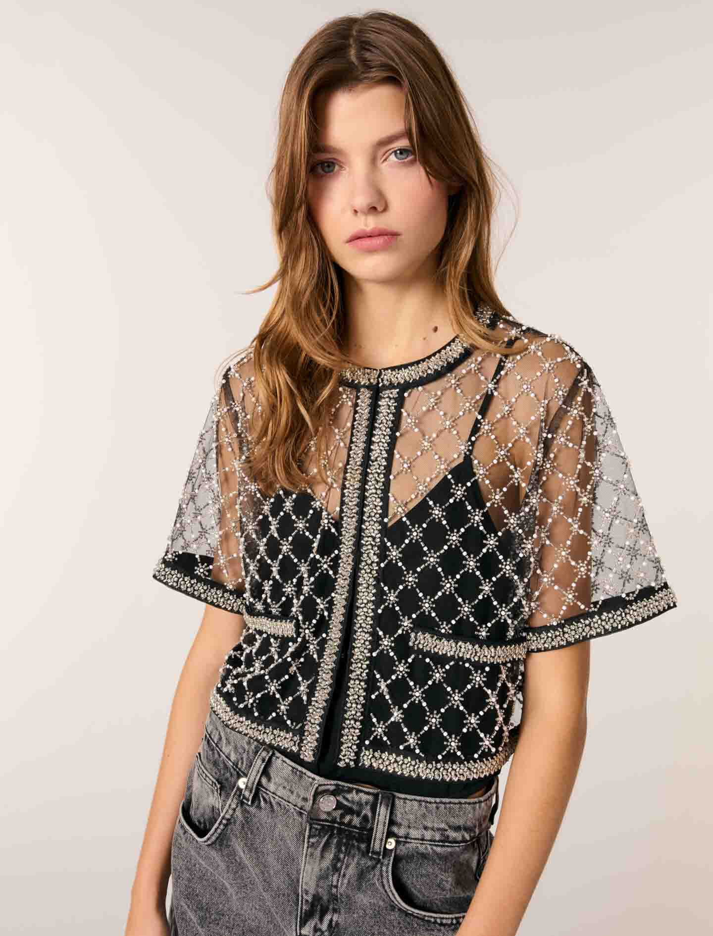 Embroidered tulle top Black / Gray For Women | Maje