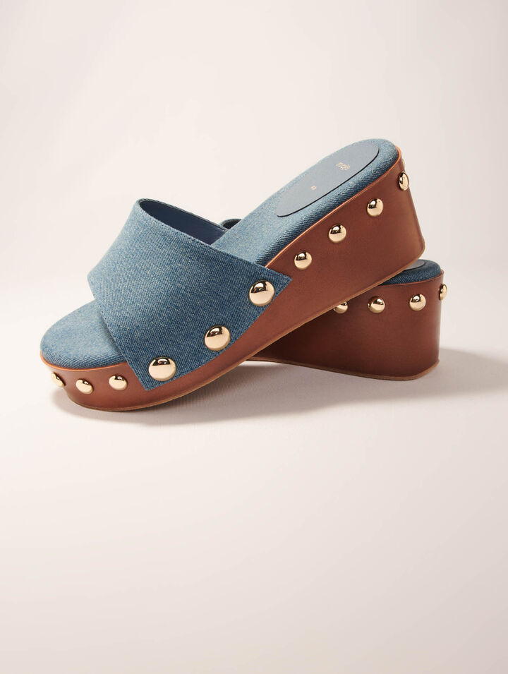 Mules compensées en denim à studs