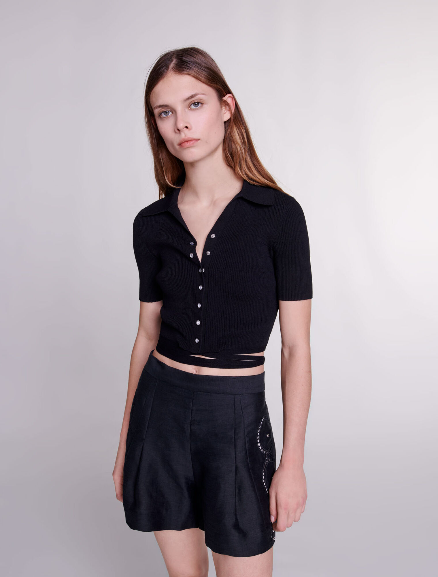 Openwork linen shorts with rivets