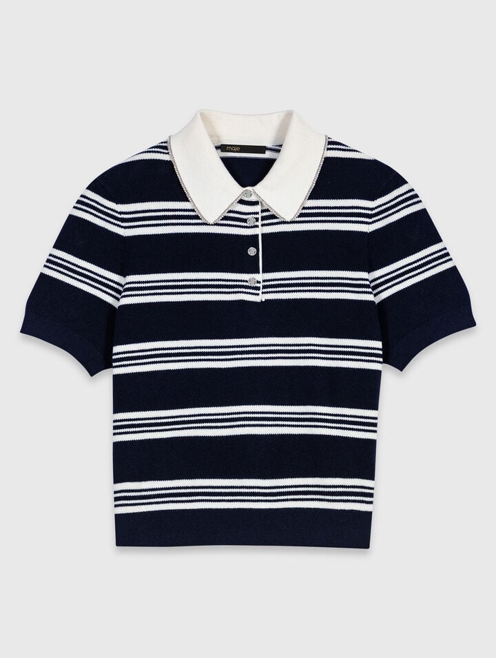 Striped polo with rhinestone collar