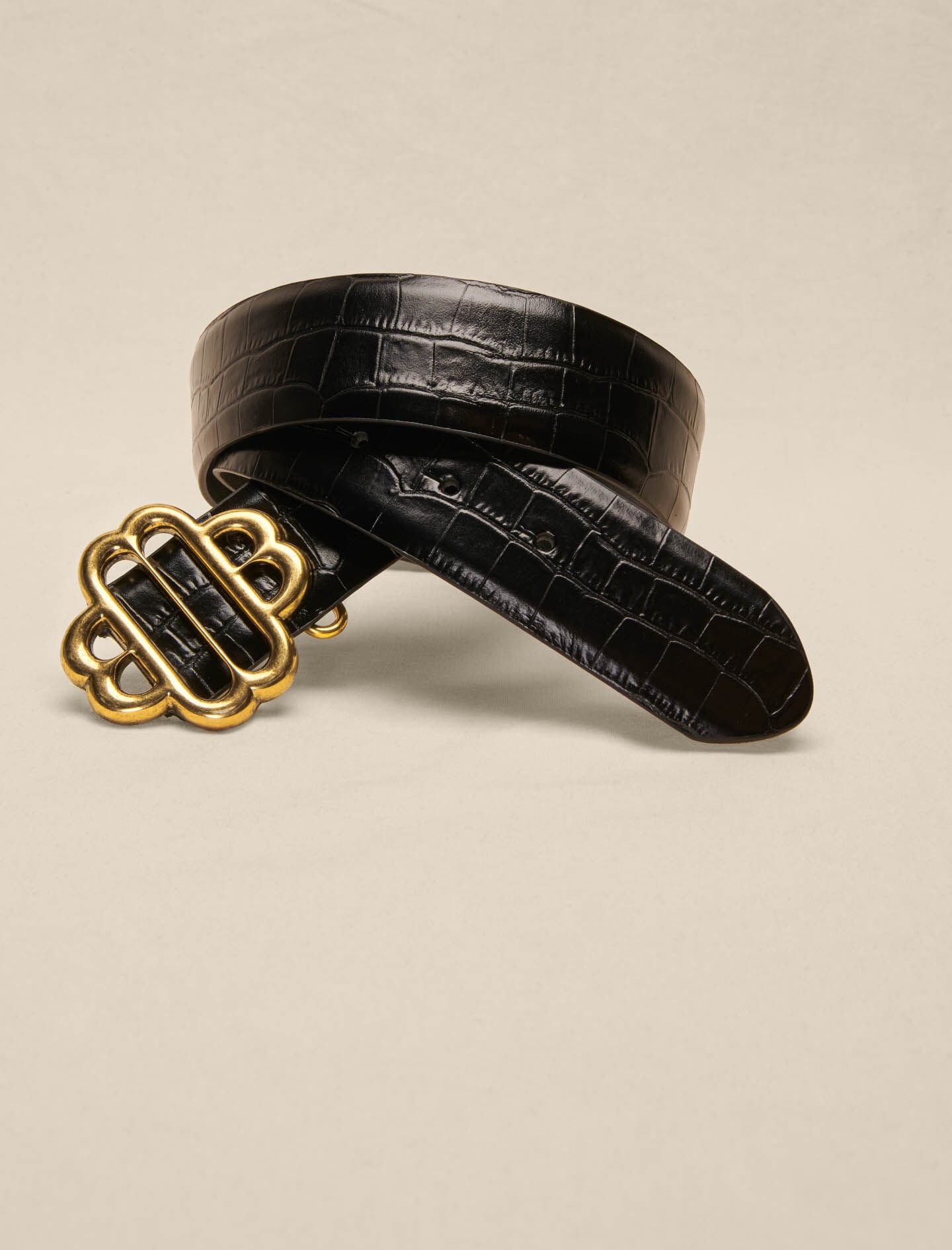 Ceinture double M en cuir croco gris noir pour femme Maje