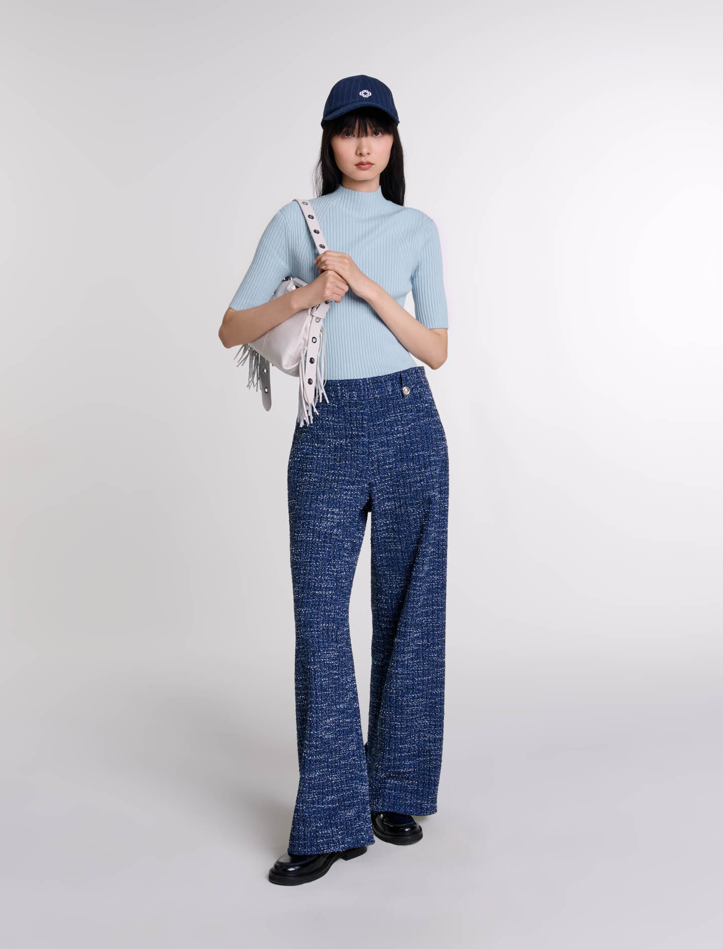 Pantalon large en tweed bleu pour femme Maje