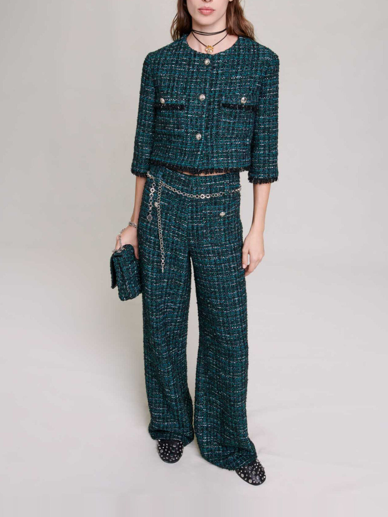 Wide-leg tweed trousers Green For Women | Maje