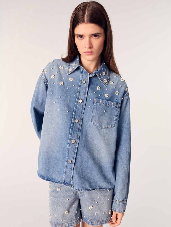 Chemise en denim à perles brodées