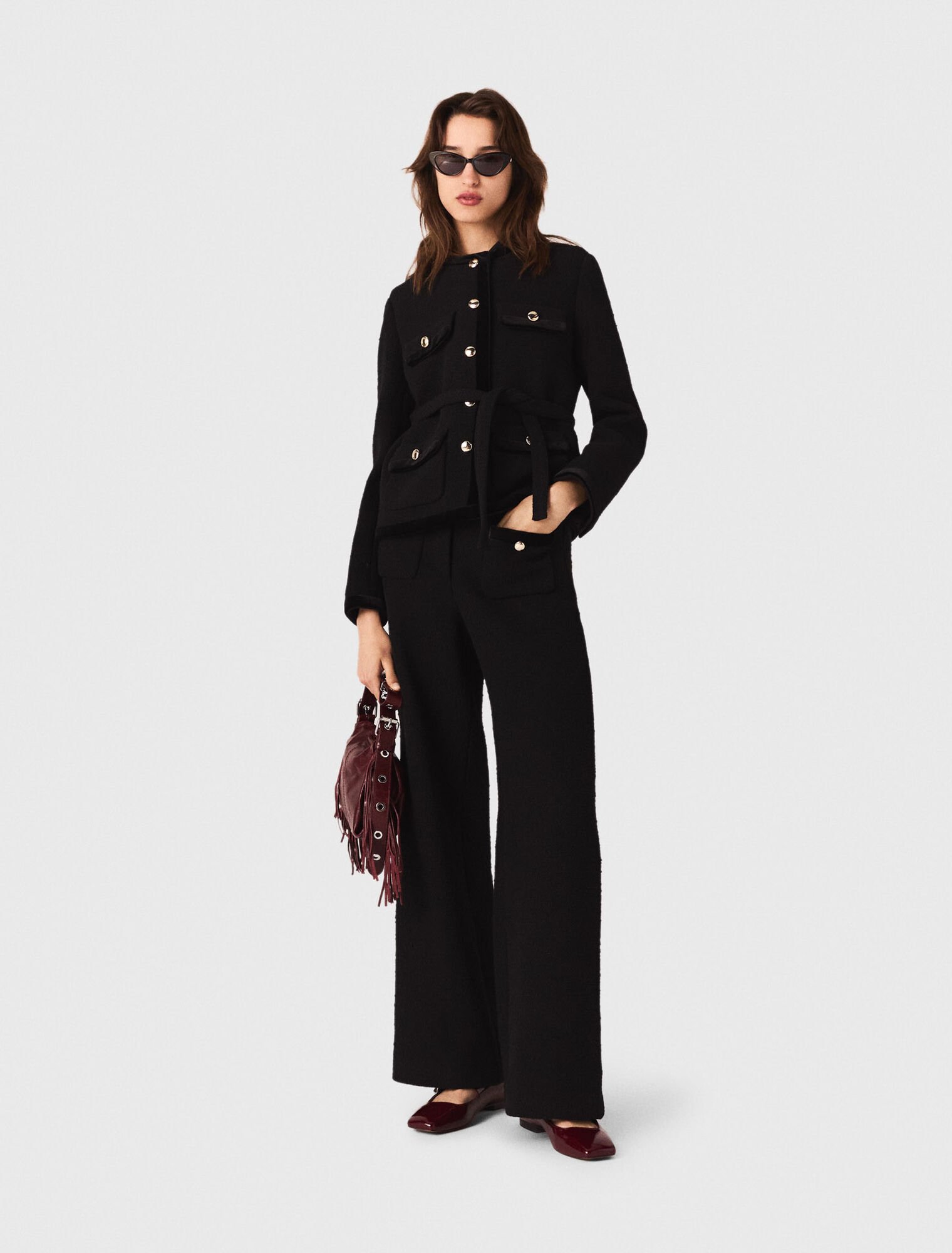 Veste longue en tweed avec ceinture