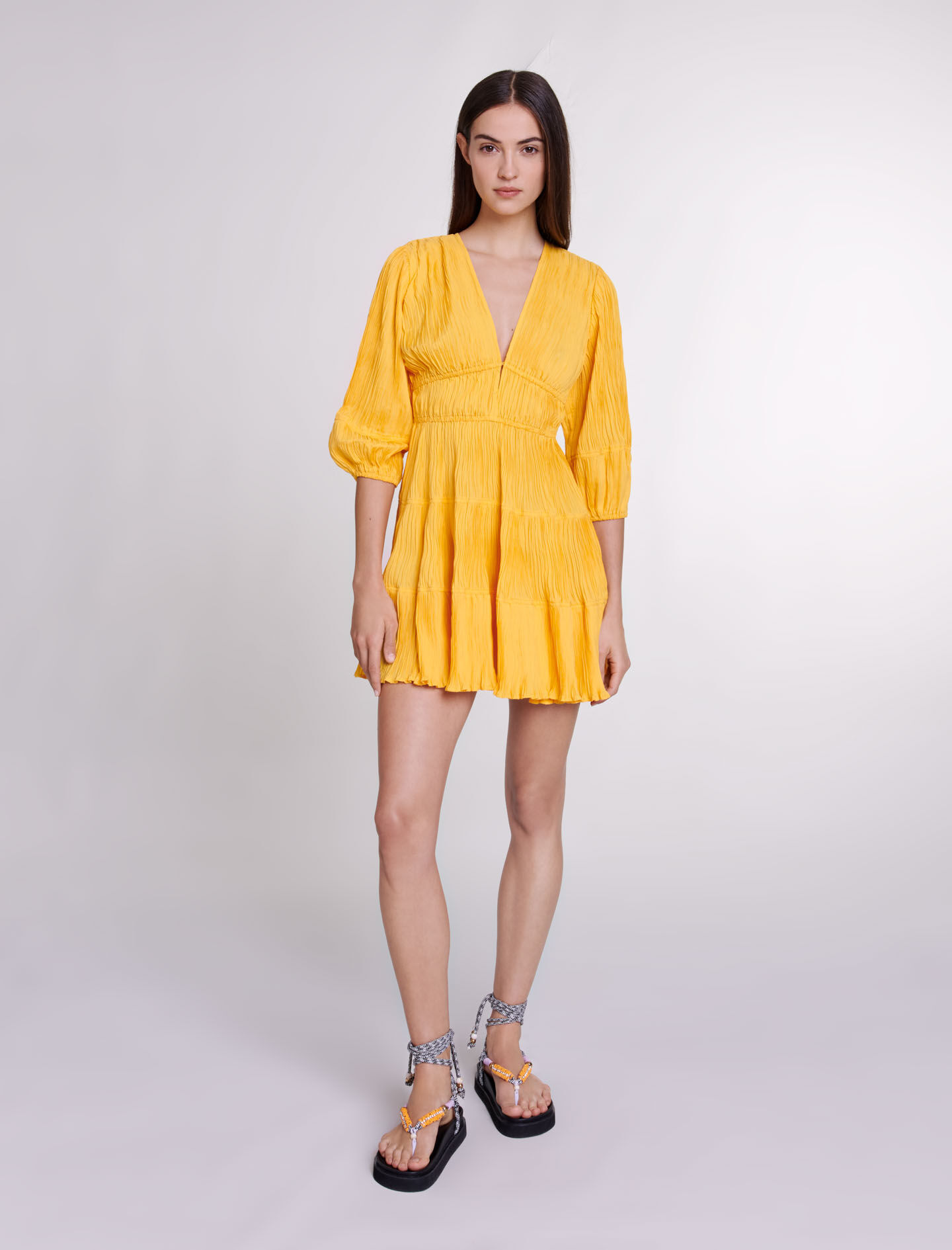 Robe courte froncee jaune orange pour femme Maje