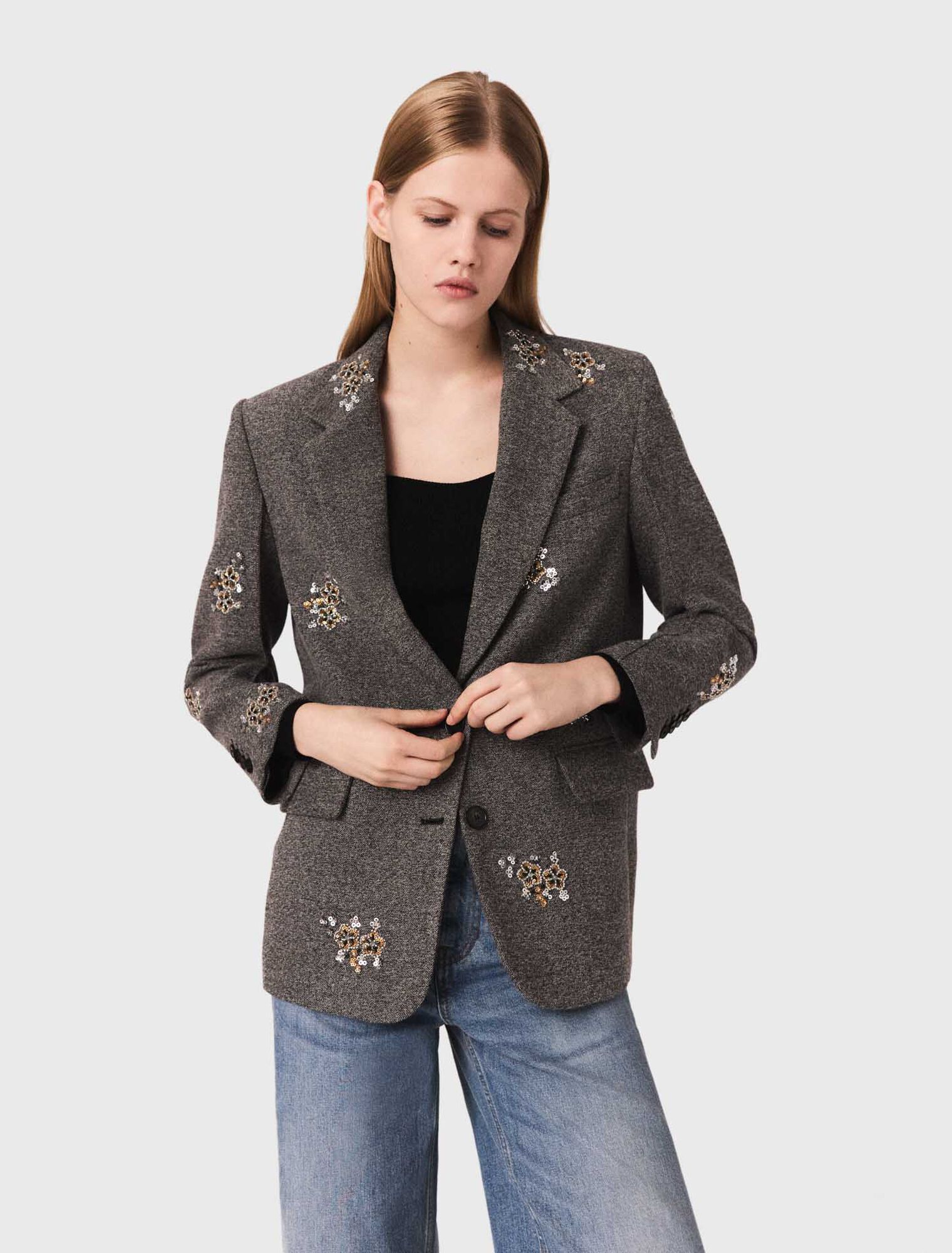 Flower-embroidered wool jacket