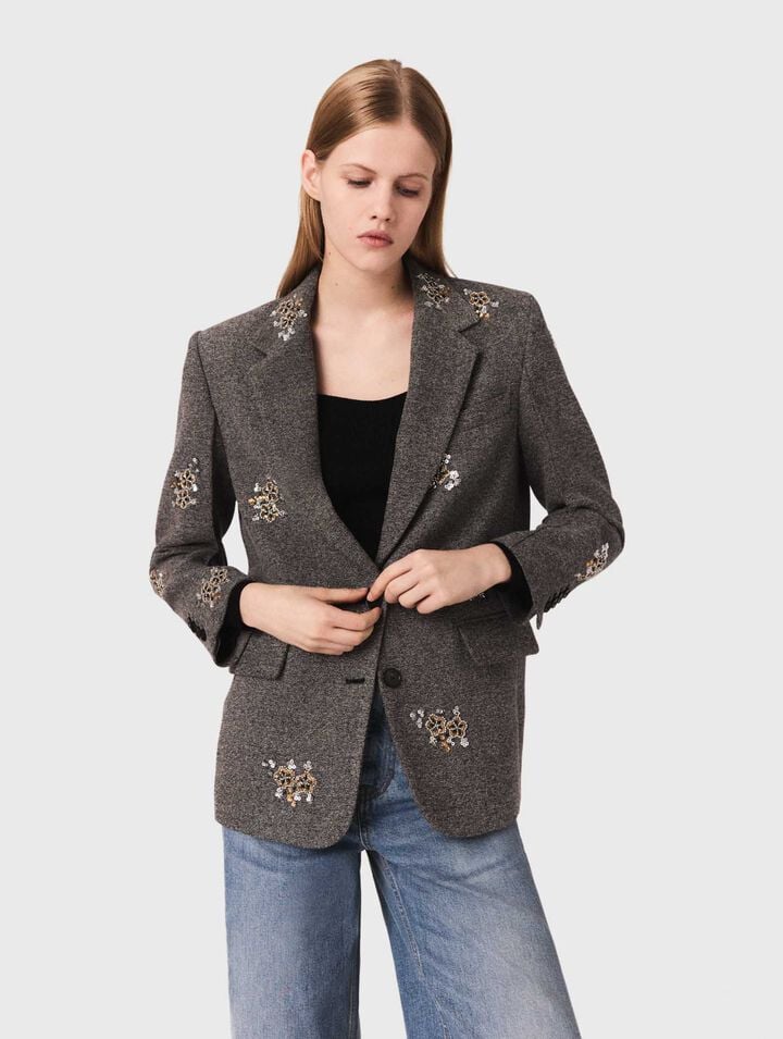 Flower-embroidered wool jacket