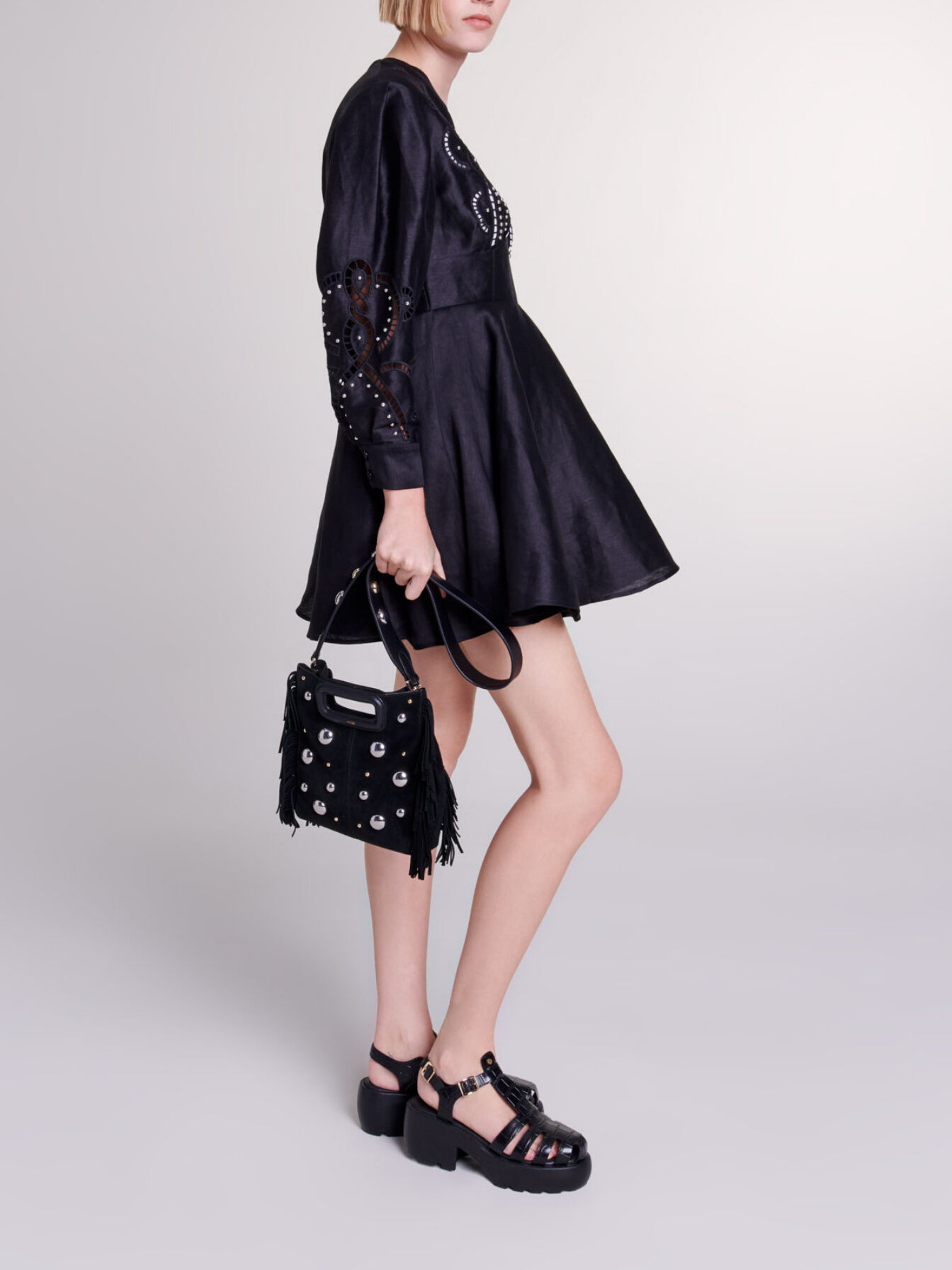 Short embroidered linen dress Black / Gray For Women | Maje