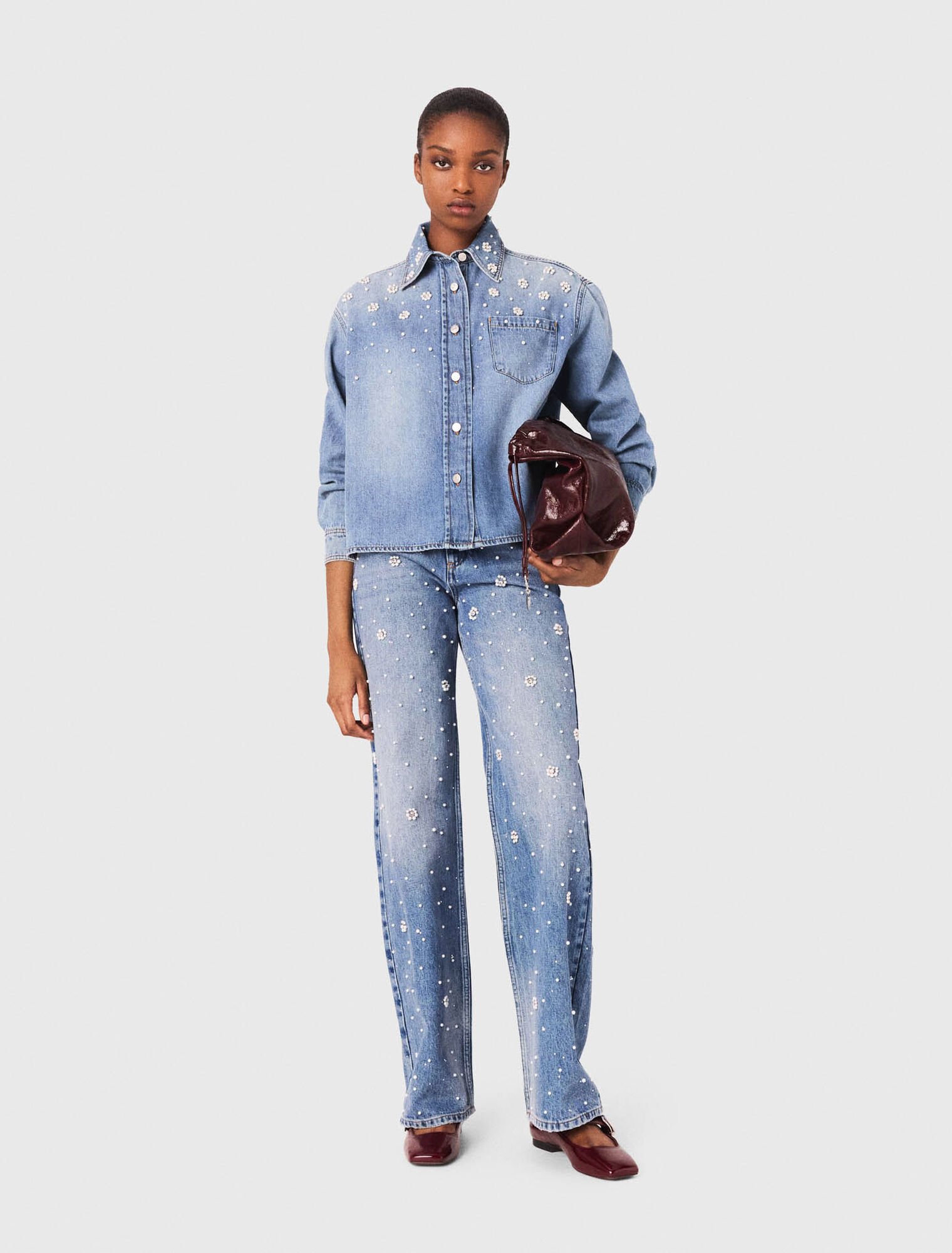 Chemise en denim à perles brodées