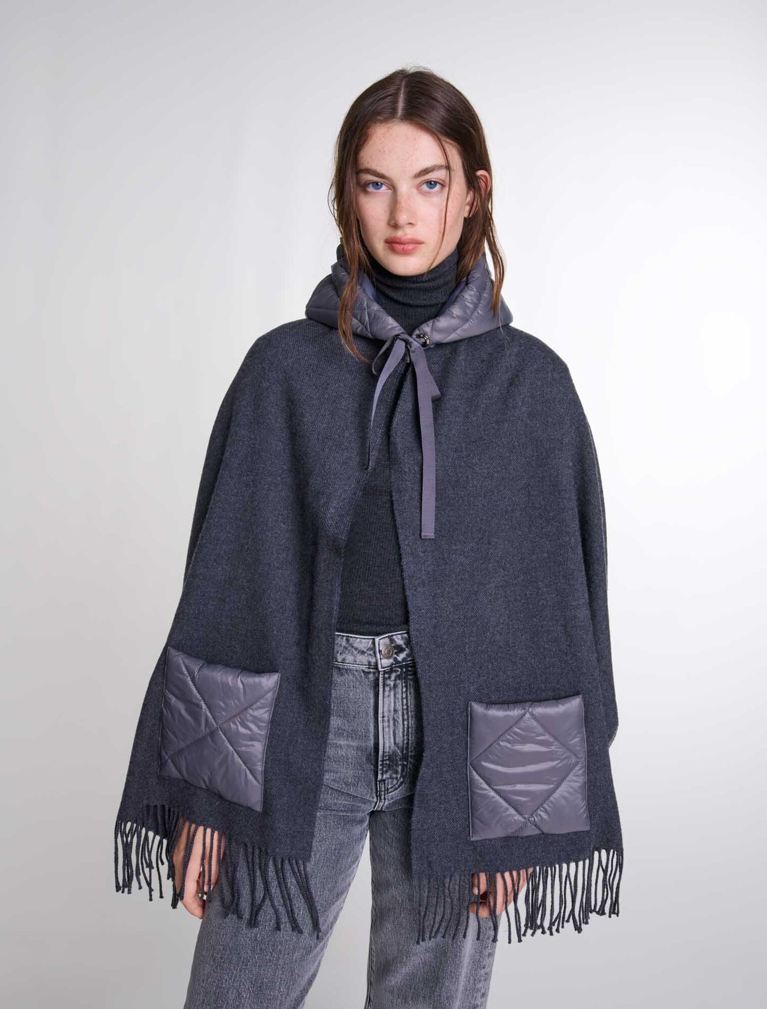 Hooded wool poncho