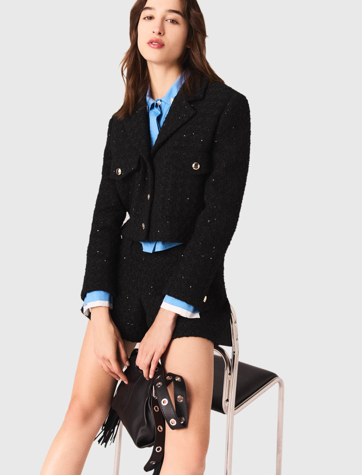 Short rhinestone tweed jacket Black / Gray For Women | Maje