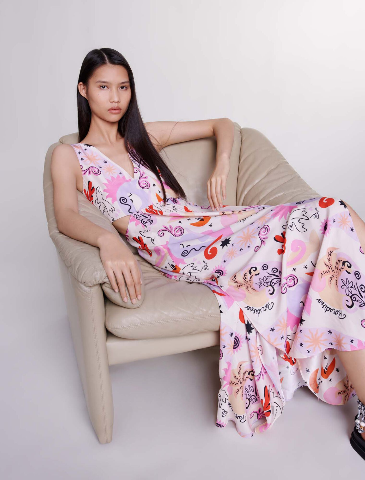 Robe longue ajourée en soie