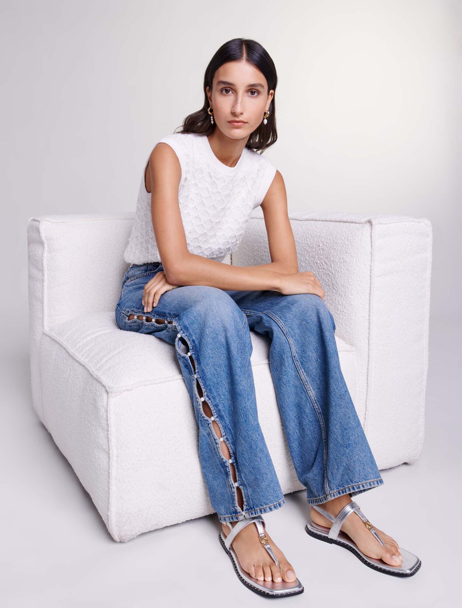Jeans droit ajouré et perlé