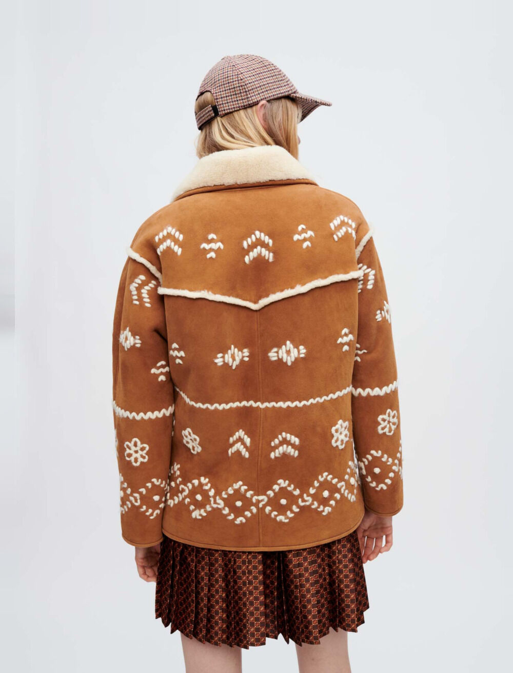 Fully embroidered shearling coat Brown For Women | Maje