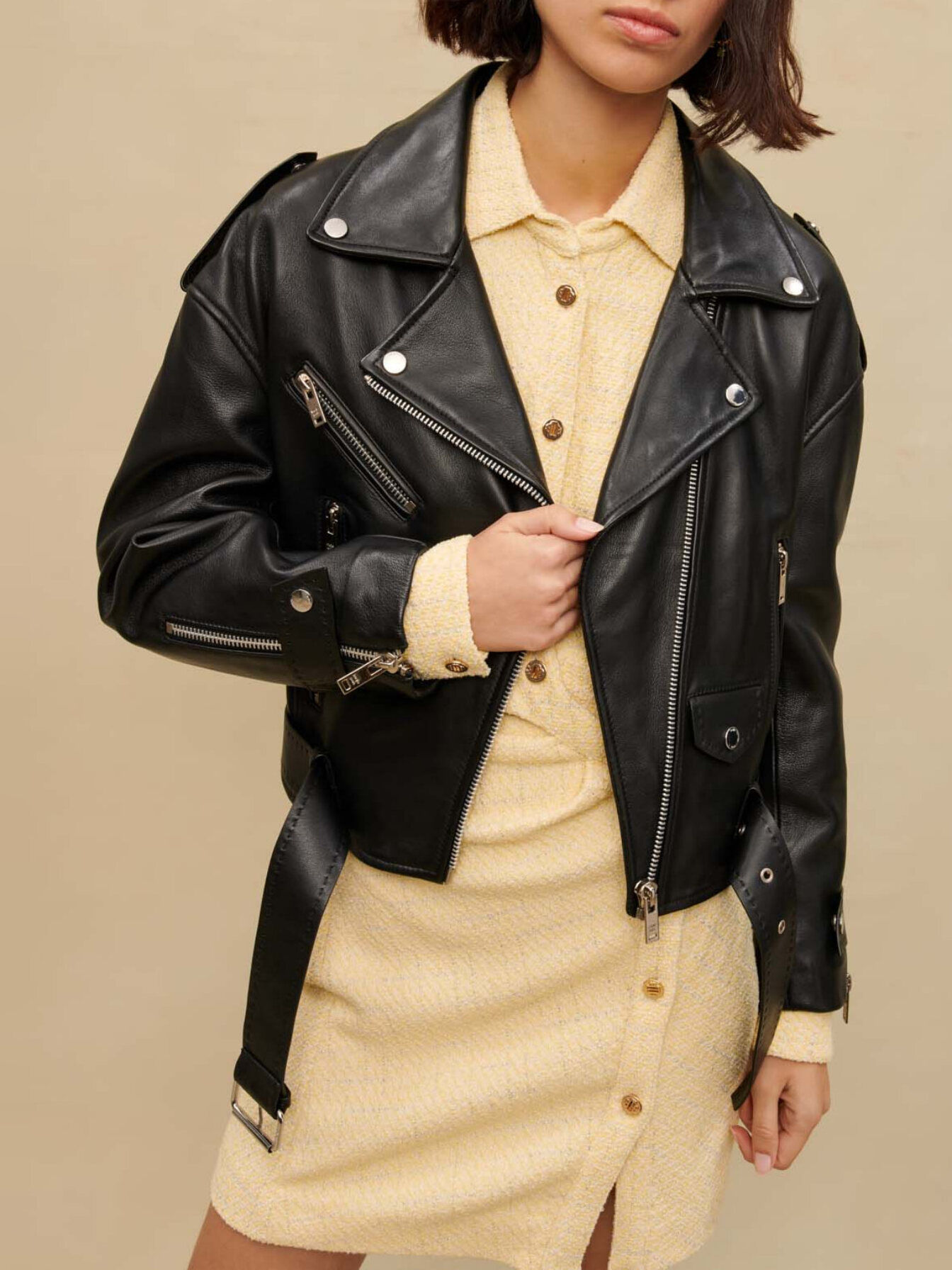 maje ライダースジャケット Leather biker-style jacket Black / Gray For Women | Maje