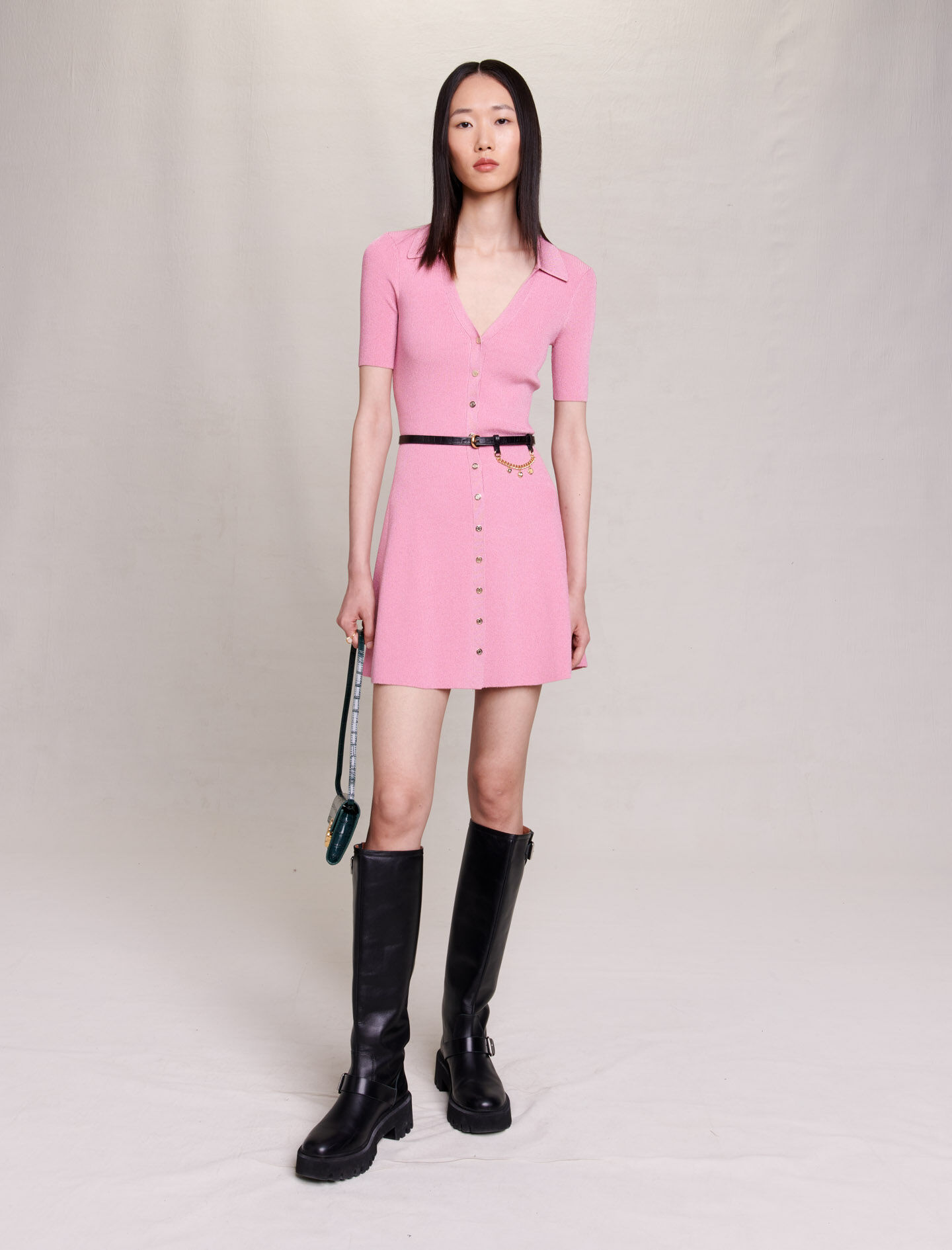 Robe en maille cotelee scintillante rose pour femme Maje