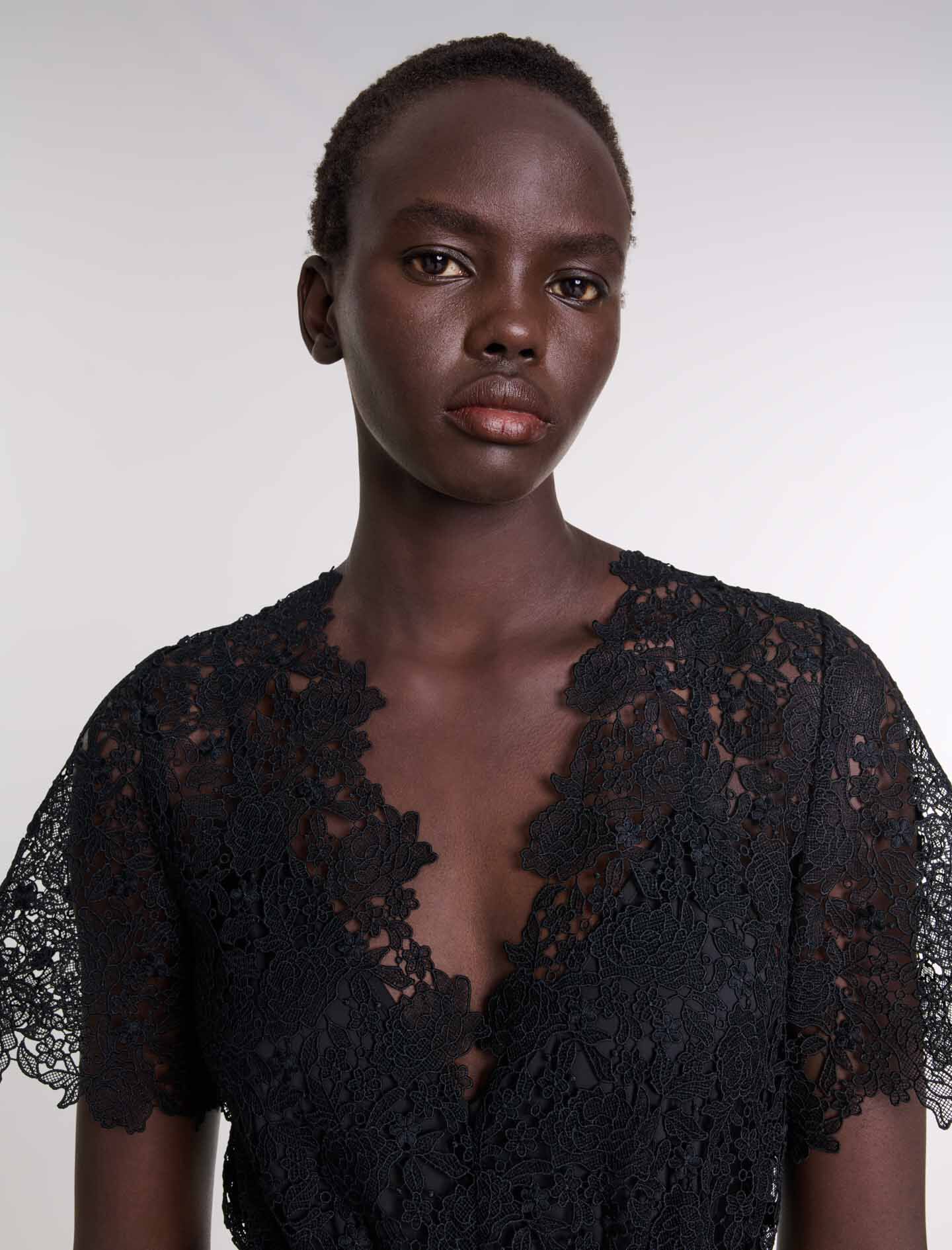スーツ・フォーマル・ドレス Seem flower lace dress (Black) Limite Floral Lace Sequin Cocktail Dress - Black
